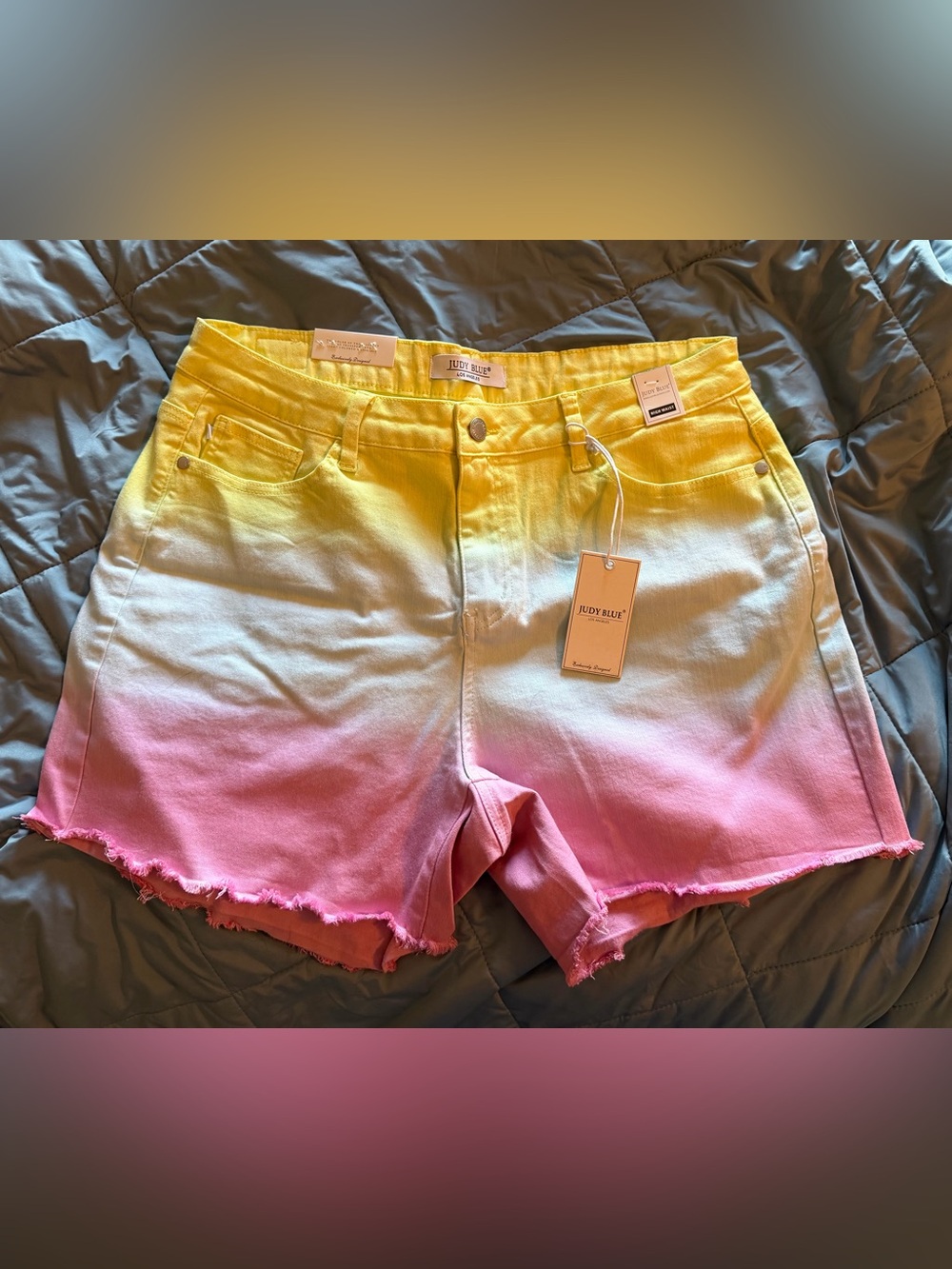 Judy Blue Yellow-to-Pink Ombre Frayed Denim Shorts
